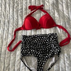 Red and Black Polka Dot and Skulls high waisted pink up Bikini Set